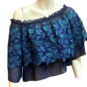 Jenn On Off Shoulder Garden Embroidered Lace Ruffle Cropped Blouse Top L 42